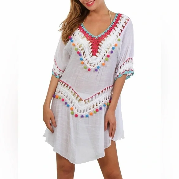 Beach by Exist Pom Pom and Crochet Swimsuit Coverup Size S/M - Picture 10 of 11